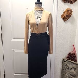 bebe Tan and Black Midi Dress